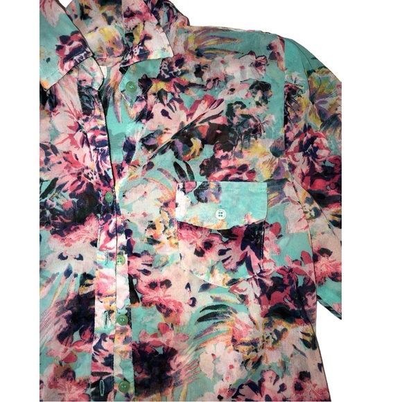 Women's Love Fire Multi Color Floral Roll Tab Sleeve Blouse Top - XS - Picture 3 of 10